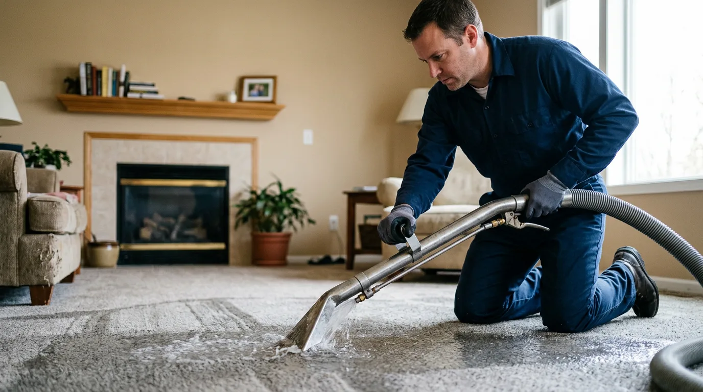 Water damage restoration technician working in a home in California